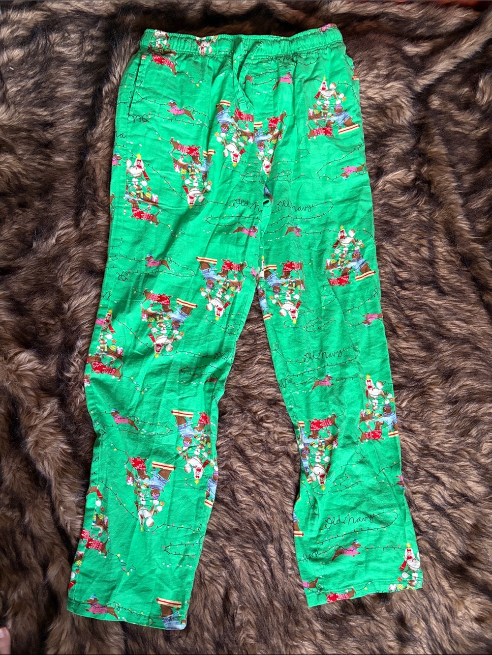 Old Navy Green Christmas Dog Party Drawstring Pajama Pants 100% Cotton M-Tall